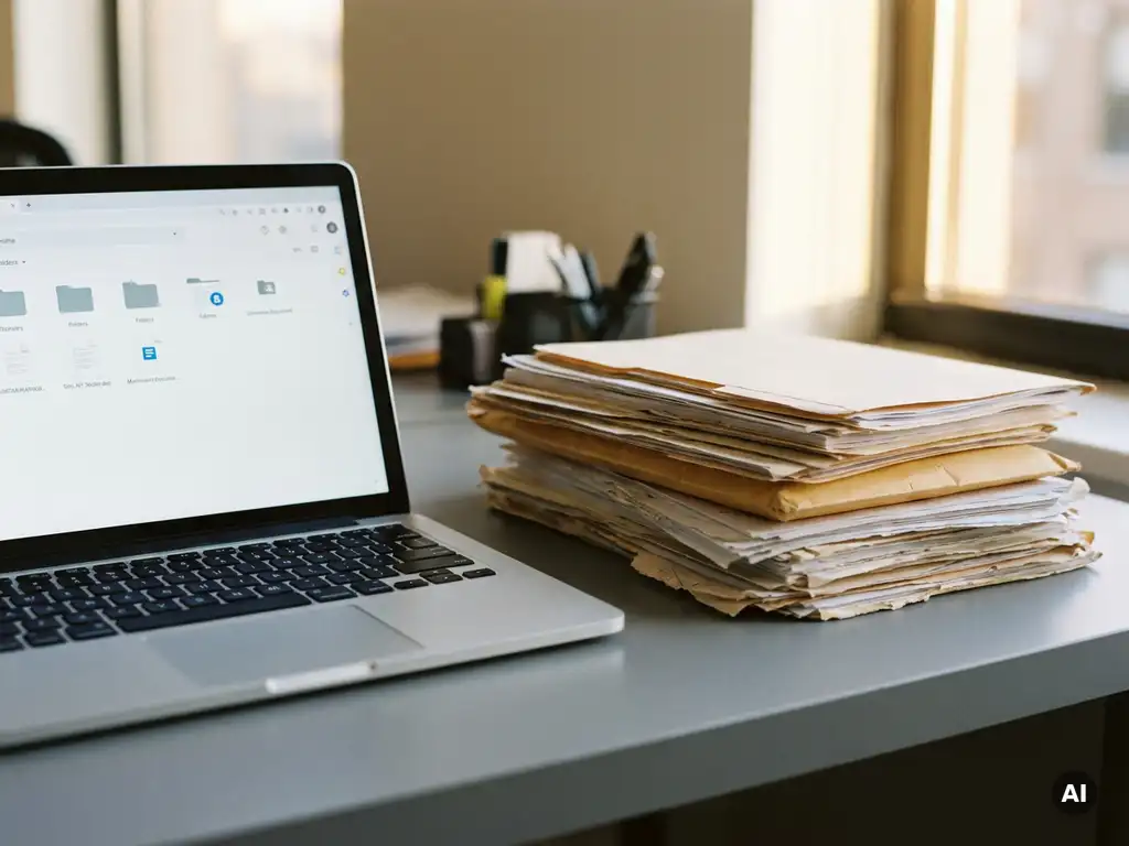 Laptop met digitaal documentbeheersysteem naast een overvolle stapel papieren mappen op een modern bureau.